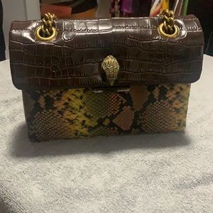 Brown multi python leather bag with yellow,and coral accents.
